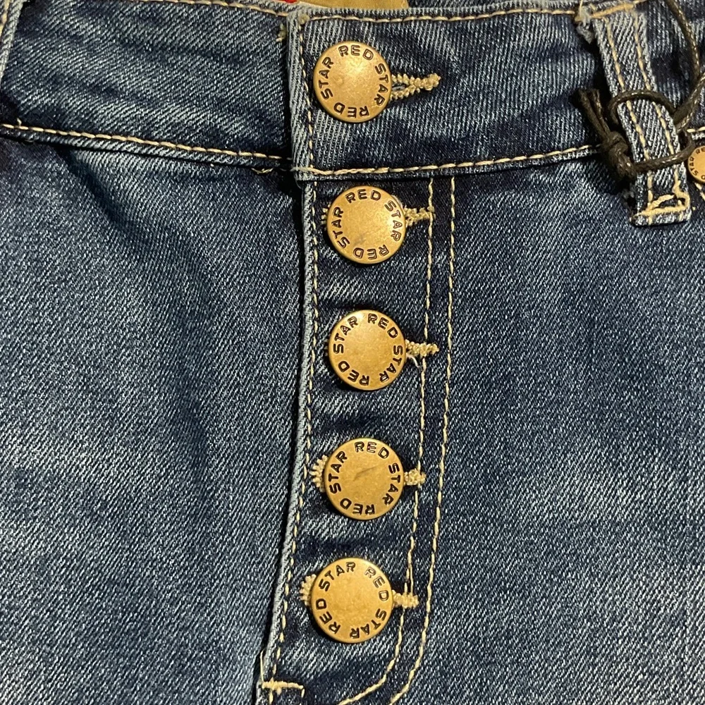 Red Star Button-Front Medium Blue Distressed Denim Mini Skirt Size 2 - Picture 5 of 16